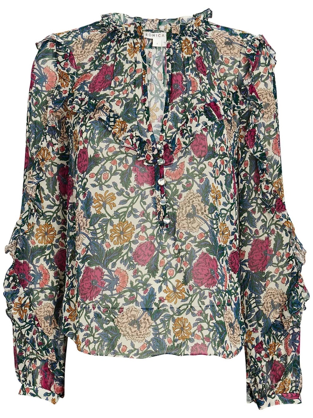 Veronica Beard Abra Floral Print Ruffle Blouse 100% Silk Lightweight Boho Chic